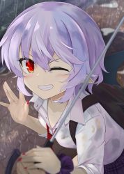 Rule 34 | 1girl, ;), akisome hatsuka, alternate costume, backpack, bag, bat wings, blurry, blurry background, blush, collared shirt, commentary, fingernails, grin, hair between eyes, hand up, holding, holding umbrella, light purple hair, long fingernails, looking at viewer, nail polish, necktie, no headwear, one eye closed, outdoors, plaid, plaid skirt, pointy ears, purple skirt, red nails, red necktie, remilia scarlet, shirt, short sleeves, skirt, smile, smug, solo focus, touhou, umbrella, upper body, v-shaped eyebrows, white shirt, wings, wrist cuffs