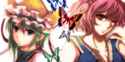 Rule 34 | 2girls, bad id, bad pixiv id, blue eyes, breasts, bug, butterfly, cleavage, earrings, eyelashes, face, female focus, green hair, hair bobbles, hair ornament, hat, highres, bug, jewelry, long image, medium breasts, multiple girls, one eye closed, onozuka komachi, pink hair, red eyes, shiki eiki, shisei (kyuushoku banchou), short hair, sleeveless, stud earrings, touhou, twintails, two side up, wide image, wink