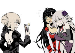 Rule 34 | 3girls, alternate costume, alternate hair length, alternate hairstyle, artoria pendragon (all), artoria pendragon (fate), backless dress, backless outfit, bad id, bad pixiv id, black dress, black gloves, black hair, black ribbon, blonde hair, blue eyes, blush, braid, breasts, cellphone, character request, club3, commentary request, crossdressing, dress, elbow gloves, embarrassed, fate/grand order, fate (series), flower, flying sweatdrops, fujimaru ritsuka (male), gloves, grey hair, grin, hair bun, hair flower, hair ornament, hair ribbon, holding, holding phone, jeanne d&#039;arc (fate), jeanne d&#039;arc alter (avenger) (fate), jeanne d&#039;arc alter (fate), juliet sleeves, large breasts, long hair, long sleeves, looking at another, multiple girls, official alternate costume, open mouth, phone, puffy sleeves, red dress, red gloves, ribbon, saber alter, simple background, single hair bun, smartphone, smile, taking picture, v, very long hair, white background, white gloves, wide-eyed, wide sleeves, yellow eyes