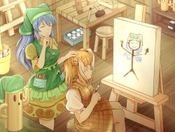 Rule 34 | 2girls, absurdres, apron, armor, armored dress, belt, blonde hair, blue hair, breasts, canvas (object), chair, chisel, closed eyes, ddok, double bun, dress, easel, flower, frilled apron, frilled sleeves, frills, green apron, green belt, green headwear, green hood, green sash, green scarf, hair bun, hair ribbon, hammer, haniwa (statue), haniyasushin keiki, head scarf, highres, holding, holding paintbrush, japanese armor, jewelry, joutouguu mayumi, long hair, magatama, magatama necklace, medium breasts, multiple girls, mynameislth, necklace, paintbrush, pocket, puffy short sleeves, puffy sleeves, ribbon, sash, scarf, short sleeves, single strap, sitting, small breasts, tearing up, tools, touhou, white flower, white ribbon, white sleeves, wood carving tool, wooden chair, yellow dress, yellow sleeves