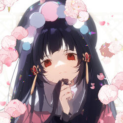 Rule 34 | 1girl, black hair, bonnet, closed mouth, genshin impact, hand on own chin, highres, long hair, long sleeves, looking at viewer, pom pom (clothes), portrait, red eyes, simple background, solo, white background, wkwk0217, yun jin (genshin impact)