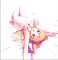 Rule 34 | 1girl, bed, bed sheet, bow, breasts, brown eyes, cleavage, female focus, from above, hair bow, horn ornament, horn ribbon, horns, ibuki suika, long hair, looking at viewer, lying, mumuhi, naked sheet, nude, on back, open mouth, orange hair, perspective, ribbon, see-through, solo, thighs, touhou, upside-down