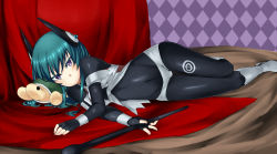Rule 34 | 1girl, bad id, bad pixiv id, bodysuit, boots, borrowed character, fingerless gloves, gloves, green hair, hair ornament, hati105, looking at viewer, lying, menou kaname (taishi), on side, original, solo, turtle