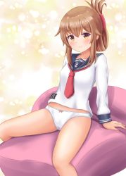 Rule 34 | 1girl, anchor symbol, blue sailor collar, blush, bow, bow panties, breasts, brown eyes, brown hair, closed mouth, commentary request, folded ponytail, hair between eyes, inazuma (kancolle), kantai collection, long sleeves, michou, no pants, panties, sailor collar, shirt, sidelocks, sitting, small breasts, smile, solo, underwear, white panties, white shirt