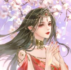 Rule 34 | 1girl, artist request, branch, cai lin (doupo cangqiong), closed mouth, collar, doupo cangqiong, dress, earrings, falling petals, flower, hair ornament, highres, jewelry, long hair, metal collar, petals, pointy ears, red dress, second-party source, solo, upper body, white flower