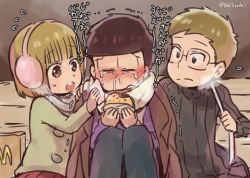 Rule 34 | 10s, 1girl, 2boys, bench, borrowed clothes, brown eyes, brown hair, burger, coat, crying, earmuffs, eating, extra, food, glasses, glasses boy (osomatsu-san), jacket, jacket on shoulders, kl (dgzonbi), matsuno ichimatsu, multiple boys, osomatsu-kun, osomatsu-san, osomatsu (series), runny nose, scarf, short-haired girl (osomatsu-san), short hair, snot, spiked hair, sweatdrop, turtleneck, twitter username, winter clothes