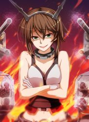 Rule 34 | 10s, 1girl, anti (untea9), bare shoulders, breasts, brown hair, cleavage, crossed arms, gloves, green eyes, hairband, headgear, highres, incoming attack, kantai collection, looking at viewer, midriff, mutsu (kancolle), navel, short hair, solo, turret