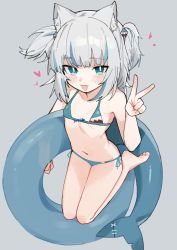 Rule 34 | 1girl, absurdres, animal ear fluff, animal ears, armpit crease, bare shoulders, blue eyes, blue hair, blush, blush stickers, bright pupils, cat ears, closed mouth, fenrir (fenriluuu), fins, fish bone, fish tail, gawr gura, grey background, grey hair, hair ornament, heart, highres, holding, holding swim ring, hololive, hololive english, innertube, light blue hair, long hair, looking at viewer, medium hair, multicolored hair, navel, outline, shark girl, shark hair ornament, shark print, shark tail, short twintails, simple background, solo, stitches, streaked hair, swim ring, swimsuit, tail, tongue, tongue out, transparent, twintails, v, virtual youtuber, white outline, white pupils
