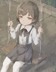Rule 34 | 1girl, black bow, black skirt, blush, bow, brown eyes, brown hair, closed mouth, collared shirt, commentary, day, english commentary, grass, hands up, hatoba tsugu, hatoba tsugu, highres, hikari niji, holding, long sleeves, looking at viewer, mole, mole under eye, outdoors, pantyhose, pleated skirt, shirt, sitting, skirt, solo, suspender skirt, suspenders, swing, virtual youtuber, white pantyhose, white shirt