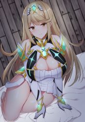 Rule 34 | 1girl, armor, bed, blonde hair, breasts, cleavage, cleavage cutout, clothing cutout, covered navel, earrings, gem, gloves, headpiece, highres, jewelry, large breasts, looking at viewer, mythra (xenoblade), nintendo, noeomi, shoulder armor, simple background, solo, swept bangs, thigh strap, tiara, xenoblade chronicles (series), xenoblade chronicles 2, yellow eyes
