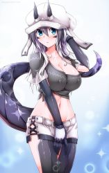 Rule 34 | 1girl, absurdres, beret, blue eyes, breasts, cleavage, commentary request, covered erect nipples, covering crotch, covering privates, cowboy shot, crop top, g (genesis1556), genderswap, genderswap (mtf), grey hair, grey shirt, hair between eyes, hat, highres, horns, horns through headwear, large breasts, long hair, looking at viewer, midriff, navel, nipple erection, original, parted lips, rio (g (genesis1556)), shirt, short shorts, short sleeves, shorts, solo, standing, stomach, tail, thighs, tied shirt, white hat, white shorts