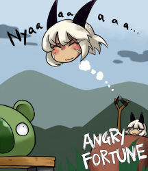 Rule 34 | :3, angry birds, animal ears, aruse yuushi, disembodied head, head, ms. fortune (skullgirls), parody, pig, skullgirls, slingshot (weapon), white hair