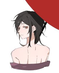 Rule 34 | 1girl, back, black hair, chinese commentary, closed mouth, commentary request, from behind, holding, holding umbrella, long hair, looking at viewer, molu stranger, nijisanji, off shoulder, orange eyes, red umbrella, shirayuki tomoe, simple background, smile, solo, umbrella, virtual youtuber, white background