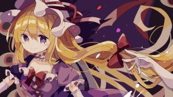 Rule 34 | 1girl, blonde hair, bow, choker, commentary request, dress, elbow gloves, frilled choker, frills, gap (touhou), gloves, hair bow, hat, hat ribbon, highres, long hair, mina (sio0616), mob cap, purple background, purple dress, purple eyes, red bow, red ribbon, ribbon, short sleeves, smile, solo, touhou, upper body, white gloves, white hat, yakumo yukari