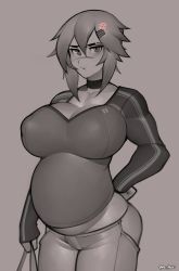 Rule 34 | 1girl, absurdres, anger vein, artist name, bag, blush, breasts, choker, commentary, cowboy shot, english commentary, grey background, greyscale, hair between eyes, hair ornament, hairclip, highres, holding, large breasts, long sleeves, looking at viewer, maya (roadi3), monochrome, original, pout, pregnant, roadi3, scar, scar on face, scar on nose, short hair, simple background, solo, twitter username, watermark