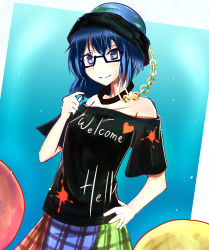Rule 34 | 1girl, bad id, bad pixiv id, bare shoulders, bespectacled, blue eyes, blue hair, chain, clothes writing, collarbone, earth (ornament), glasses, hat, hecatia lapislazuli, hecatia lapislazuli (earth), highres, matching hair/eyes, multicolored clothes, multicolored skirt, off-shoulder shirt, off shoulder, poyosuke, shirt, sketch, skirt, smile, solo, t-shirt, touhou