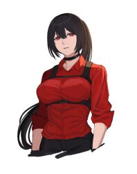 Rule 34 | 1girl, black choker, black hair, black pants, breasts, chest harness, choker, collared shirt, commentary, cropped legs, harness, highres, large breasts, long hair, long sleeves, looking at viewer, mole, mole under mouth, original, pants, parted lips, ponytail, red eyes, seilindekos, shirt, shirt tucked in, simple background, sleeves rolled up, solo, white background