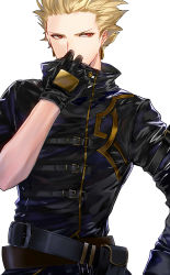 Rule 34 | 1boy, absurdres, belt, black coat, black gloves, blonde hair, coat, cosplay request, earrings, fate/stay night, fate (series), gilgamesh (fate), gilgamesh (gilgamesh in ny) (fate), gloves, hand on own hip, highres, jewelry, looking at viewer, male focus, official alternate costume, red eyes, solo, tarao (13raven), white background