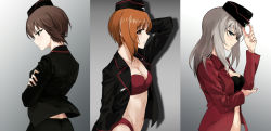 Rule 34 | 10s, black bra, black jacket, black panties, blue eyes, bra, breasts, brown eyes, brown hair, cleavage, closed mouth, column lineup, crossed arms, dress shirt, embarrassed, from behind, from side, garrison cap, girls und panzer, gradient background, grey background, hat, itsumi erika, jacket, light frown, long hair, long sleeves, looking at viewer, medium breasts, military hat, nishizumi maho, nishizumi miho, no pants, panties, profile, red bra, red panties, red shirt, shirt, short hair, siblings, silver hair, sisters, standing, thorn (ashthorn), underwear, upper body