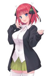 Rule 34 | 1girl, :d, black cardigan, black ribbon, blue eyes, blunt bangs, blush, breasts, butterfly hair ornament, cardigan, collared shirt, commentary request, cowboy shot, dress shirt, go-toubun no hanayome, green skirt, hair ornament, hair ribbon, hands up, highres, hikari no oukokumin, long sleeves, looking at viewer, medium breasts, miniskirt, nakano nino, open cardigan, open clothes, open mouth, pink hair, pleated skirt, ribbon, shirt, short hair, simple background, skirt, sleeves past wrists, smile, solo, thighhighs, two side up, white background, white shirt, white thighhighs, zettai ryouiki