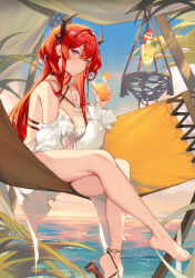 Rule 34 | 1girl, absurdres, anklet, arknights, bare shoulders, barefoot, black choker, breasts, brown footwear, choker, closed mouth, drink, feet, hammock, highres, holding, horns, jewelry, korean commentary, large breasts, legs, long hair, long sleeves, looking at viewer, molyb, official alternate costume, outdoors, purple eyes, red hair, revision, sandals, shoe dangle, sidelocks, sitting, solo, strappy heels, surtr (arknights), surtr (colorful wonderland) (arknights), thighs, toenails, toes