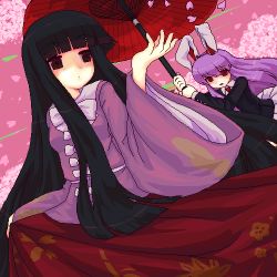 Rule 34 | 2girls, animal ears, bad id, bad pixiv id, black hair, bow, cherry blossoms, female focus, holding, holding umbrella, houraisan kaguya, jacket, japanese clothes, ktsecond, light purple hair, long hair, lowres, multiple girls, necktie, oekaki, oil-paper umbrella, outstretched hand, pixel art, rabbit ears, red eyes, reisen udongein inaba, skirt hold, touhou, umbrella, very long hair, white bow, wide sleeves