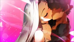 Rule 34 | 1boy, 1girl, adam&#039;s apple, alternate costume, bare shoulders, black choker, black hair, black shirt, blush, breast press, breasts, button shirt, choker, cleavage, closed eyes, closed mouth, collarbone, collared shirt, covered eyes, dark-skinned male, dark skin, dress, eyelashes, highres, kiss, large breasts, light particles, light rays, long hair, miracle snack shop, philia salis, pink background, shirt, short hair, simple background, skirt, upper body, white dress, white hair