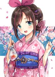 1girl :d bag bagged_fish blue_eyes blush brown_hair cherry_blossoms clenched_hands commentary_request female_focus fish floral_print goldfish hair_ribbon hair_up hairband hands_up highres holding japanese_clothes kimono kizuna_ai kizuna_ai_inc. looking_at_viewer multicolored_hair nail_polish obi open_mouth petals pink_hair pink_kimono pink_nails pink_ribbon purple_ribbon ribbon round_teeth sash saya_(mychristian2) sidelocks smile solo streaked_hair teeth upper_body upper_teeth_only virtual_youtuber wide_sleeves