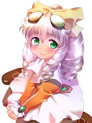 Rule 34 | 1girl, blush, bow, closed mouth, drill hair, full body, goggles, goggles on head, green eyes, hair bow, long hair, looking at viewer, maria balthasar, pantyhose, simple background, skirt, smile, solo, syanathena, white background, xenogears, yellow bow