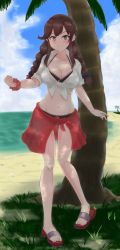 Rule 34 | 1girl, absurdres, beach, bikini, black bikini, blue sky, braid, breasts, brown hair, chiokori basara, cleavage, cloud, commentary request, day, full body, green eyes, highres, horizon, kantai collection, large breasts, long sleeves, looking at viewer, noshiro (kancolle), ocean, outdoors, palm tree, red sarong, sandals, sarong, shirt, sky, solo, standing, swept bangs, swimsuit, tied shirt, tree, twin braids, white shirt