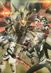 Rule 34 | 3girls, 5boys, aiming, android, armor, arms up, ash (pso2), bow (weapon), card, chic jaeger, close quarter, cowboy hat, dual wielding, edel serin, energy blade, energy weapon, fighting stance, from behind, glowing, gun, hat, highres, holding, kaiser haut, katana, motion blur, multiple boys, multiple girls, official art, open mouth, phantasy star, phantasy star online 2, ready to draw, ronia series, rupika (pso2), sega, sheath, sheathed, sword, thousand rim, weapon, weiss croon, wiola magica