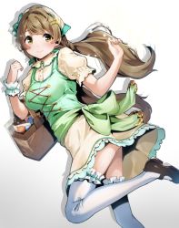 Rule 34 | 1girl, alternate costume, alternate hairstyle, basket, beige skirt, breasts, brown hair, closed mouth, fingernails, gradient background, grey background, hair ornament, hairclip, highres, long hair, looking at viewer, love live!, love live! school idol project, medium breasts, minami kotori, nakano maru, ponytail, puffy short sleeves, puffy sleeves, short sleeves, smile, solo, thighhighs, thighs, white background, white thighhighs, wrist cuffs, yellow eyes