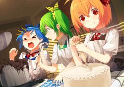 Rule 34 | &gt; &lt;, 3girls, bad food, blonde hair, blue bow, blue hair, bow, bruise, bruise on face, cirno, closed eyes, daiyousei, green eyes, green hair, hair bow, hair ribbon, highres, injury, ladle, looking at another, looking away, multiple girls, open mouth, red bow, red eyes, ribbon, rumia, sh (shinh), short hair, short ponytail, side ponytail, sweatdrop, team 9 (touhou), tearing up, tongue, tongue out, touhou, yellow ribbon