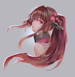 Rule 34 | 10s, 1girl, brown hair, flower, hair flower, hair ornament, kantai collection, kzcjimmy, long hair, ponytail, purple eyes, solo, upper body, yamato (kancolle)