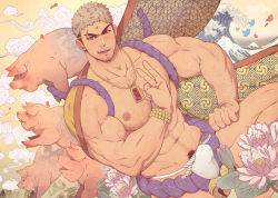 Rule 34 | 1boy, abs, absurdres, bara, bare pectorals, blush, bulge, chest hair, chinese zodiac, erection, erection under clothes, eyebrow cut, facial hair, facial mark, flower, forehead mark, goatee, happy birthday, highres, japanese clothes, kimono, large pectorals, light brown hair, loincloth, looking at viewer, lotus, male focus, male underwear, mature male, mazjojo, milestone celebration, muscular, muscular male, navel, navel hair, nipples, open clothes, open kimono, original, parody request, pectorals, pig, priest, pubic hair, pubic hair peek, revealing clothes, short hair, sideburns, smile, solo, stomach, stubble, thighs, undercut, underwear, v, white male underwear, year of the pig, yellow kimono
