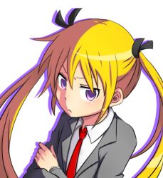 Rule 34 | 1girl, :&lt;, bad id, bad pixiv id, blazer, blonde hair, blush, crossed arms, from above, hair ribbon, jacket, kill me baby, long hair, necktie, potato (potato1827), purple hair, red necktie, ribbon, school uniform, solo, sonya (kill me baby), twintails