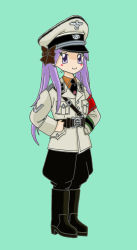 Rule 34 | 1girl, armband, belt, belt buckle, blush, boots, breast pocket, buckle, epaulettes, full body, green background, hand on own hip, hat, hiiragi kagami, knee boots, long hair, looking at viewer, lucky star, md5 mismatch, military, military uniform, nazi, necktie, peaked cap, pocket, purple eyes, purple hair, red armband, resolution mismatch, smile, source larger, totenkopf, twintails, uniform, yasu (luchs&amp;mardar)