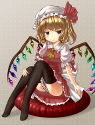 Rule 34 | 1girl, back bow, black thighhighs, blonde hair, bow, breasts, buttons, closed mouth, collared shirt, crystal, flandre scarlet, frilled shirt collar, frilled skirt, frills, full body, grey background, hat, hat ribbon, highres, ise (ese ice), large bow, looking at viewer, medium hair, mob cap, multicolored wings, no shoes, one side up, pout, puffy short sleeves, puffy sleeves, red eyes, red ribbon, red skirt, red vest, ribbon, shirt, short sleeves, simple background, sitting, skirt, skirt set, sleeve ribbon, small breasts, solo, thighhighs, touhou, vest, white bow, white hat, white shirt, wings, zettai ryouiki