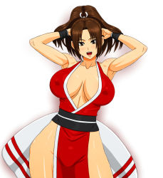 Rule 34 | 1girl, bare shoulders, blush, breasts, brown hair, covered erect nipples, fatal fury, highres, image sample, large breasts, long hair, no bra, no panties, open mouth, pixiv sample, ponytail, revealing clothes, shiranui mai, simple background, smile, white background