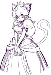 Rule 34 | 1girl, animal ears, bell line gown, breasts, cat ears, cat tail, crown, dress, gown, kemonomimi mode, lips, long dress, long hair, mario (series), monochrome, nintendo, princess peach, puckered lips, puffy short sleeves, puffy sleeves, sho-n-d, short sleeves, solo, tail, v arms