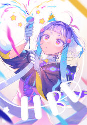 Rule 34 | 1girl, absurdres, antenna hair, blue hair, cloak, confetti, detached collar, gloves, gtcockroach, hair ornament, hat, highres, holding, holding party popper, long sleeves, multicolored hair, necktie, open mouth, original, party hat, party popper, pink eyes, purple hair, short hair with long locks, slit pupils