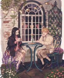 Rule 34 | ..., 1boy, 1girl, 234 (1234!), ^ ^, absurdres, agatsuma zenitsu, alternate costume, bad id, bad twitter id, beige sweater, black hair, black jacket, blonde hair, blush, breasts, building, casual, chair, closed eyes, coffee, coffee cup, collared shirt, contemporary, cookie, cup, disposable cup, flower, food, gag, hair ribbon, heart, highres, jacket, kamado nezuko, kimetsu no yaiba, leg warmers, long sleeves, looking at another, medium breasts, multicolored hair, open mouth, outdoors, pants, pink eyes, pink sweater, plaid, plaid pants, plant, ribbon, shirt, sitting, skirt, smile, speech bubble, sweat, sweater, table, thumbprint cookie, two-tone hair, vase, white shirt, wide shot, window