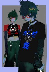 Rule 34 | 1boy, alternate costume, black choker, black shirt, bracelet, character print, choker, closed mouth, cropped shirt, facial mark, glasses, green hair, green pants, grey background, highres, jewelry, layered sleeves, long sleeves, looking at viewer, male focus, master detective archives: rain code, midriff, multiple views, mystery phantom, na 6, o-ring, o-ring choker, pants, red-framed eyewear, red eyes, round eyewear, shirt, short hair, short over long sleeves, short sleeves, standing, zilch alexander