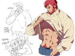 Rule 34 | 2boys, abs, bara, bare pectorals, beard, black male underwear, chibi, chibi inset, clothes lift, clothes pull, denim, facial hair, fate/zero, fate (series), iskandar (fate), jeans, jeje (pixiv12541114), korean text, lifted by self, lord el-melloi ii, male focus, male pubic hair, male underwear, male underwear peek, mature male, multiple boys, muscular, muscular male, navel, navel hair, nipples, pants, pants pull, pectorals, pubic hair, red eyes, red hair, shirt lift, short hair, stomach, translation request, underwear, waver velvet, yaoi