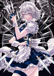 Rule 34 | 1girl, absurdres, apron, black background, black dress, braid, breasts, commentary, cowboy shot, dress, english commentary, grey eyes, grey hair, highres, holding, holding knife, izayoi sakuya, jan (lightdragoon), knife, looking at viewer, maid, maid headdress, medium hair, pocket watch, side braids, small breasts, solo, thigh strap, touhou, watch