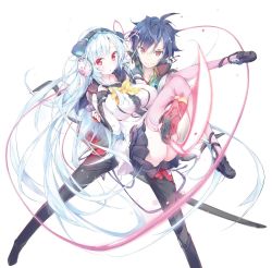 Rule 34 | 1boy, 1girl, absurdly long hair, animal ear headphones, ass, blue hair, bow, breasts, carrying, cat ear headphones, character request, covered erect nipples, dokuritsu gakuen kokka no heroic slayer, fake animal ears, foreshortening, grin, headphones, highres, jpeg artifacts, large breasts, long hair, looking at viewer, mole, mole under eye, official art, pink thighhighs, princess carry, pulp piroshi, red eyes, school uniform, seria cellveil, smile, sword, thighhighs, very long hair, weapon