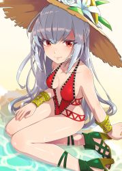 Rule 34 | 1girl, bad id, bad pixiv id, bare shoulders, beach, breasts, cleavage, closed mouth, commentary request, hair between eyes, hat, highres, long hair, looking at viewer, puzzle &amp; dragons, red eyes, sekito, silver hair, solo, sun hat, swimsuit, urd (p&amp;d)