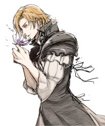 Rule 34 | 1boy, absurdres, armor, black corset, blonde hair, commentary request, corset, dion lesage, ear piercing, earrings, final fantasy, final fantasy xvi, flower, frilled shirt, frilled sleeves, frills, gorget, hair behind ear, highres, holding, holding flower, jewelry, kuri st, looking at object, male focus, pauldrons, piercing, profile, shirt, short sleeves, shoulder armor, simple background, smile, solo, white background, white shirt, yellow eyes