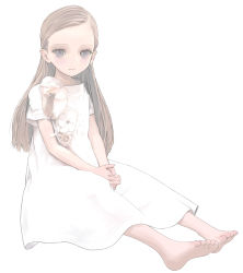 Rule 34 | 1girl, barefoot, blush, dress, expressionless, full body, grey eyes, highres, light brown hair, long hair, looking at viewer, mocha (snowflake), original, own hands clasped, own hands together, simple background, sitting, solo, toes, white background, white dress
