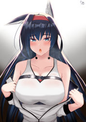Rule 34 | 1girl, absurdres, animal ears, arknights, bare shoulders, black background, black hair, blaze (arknights), blue eyes, blush, breasts, cat ears, commentary, elina (eri15), gradient background, grey background, hair between eyes, hairband, highres, large breasts, long hair, looking at viewer, off shoulder, open mouth, red hairband, solo, tank top, upper body, very long hair, white tank top